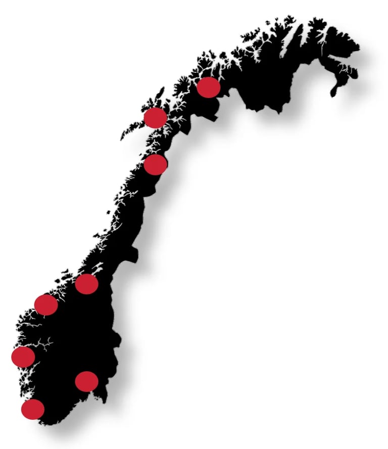 Kart over Norge med markeringer av byer langs kysten som viser vår landsdekkende tilstedeværelse